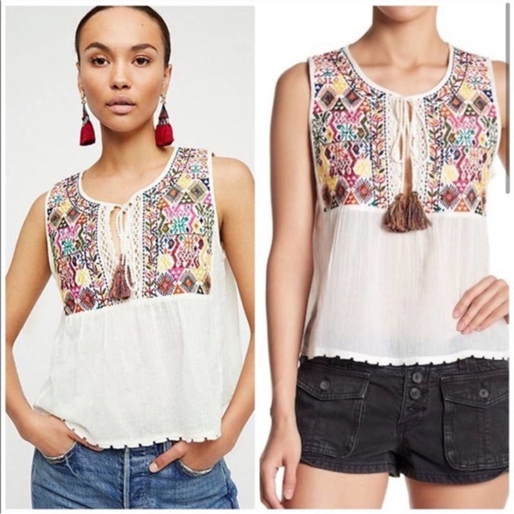 Free People Lohri Embroidery Boho Tassel Crop Top Tank Multicolor Festival Small